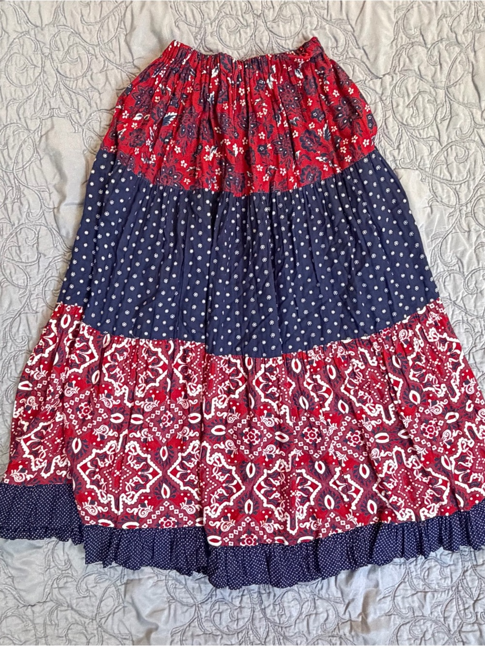 Lucia Lukken Broomskirts Skirt Medium Long Tiered Rayon Red Blue Boho Vintage